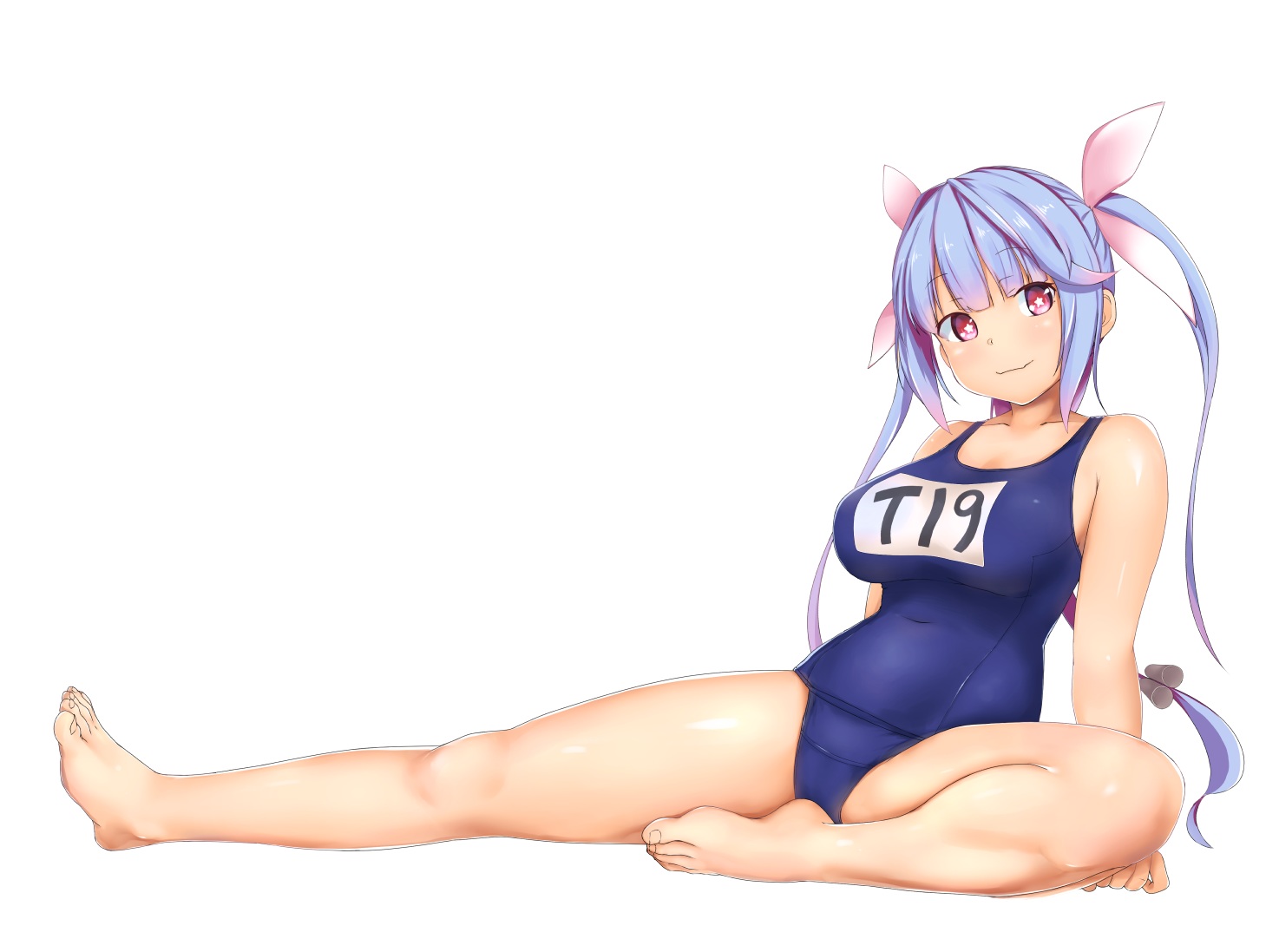 aliasing, anthropomorphism, barefoot, blue_hair, i-19_(kancolle), kantai_collection, long_hair, moose_(moosemitchell2), red_eyes, school_swimsuit, swimsuit, twintails, white