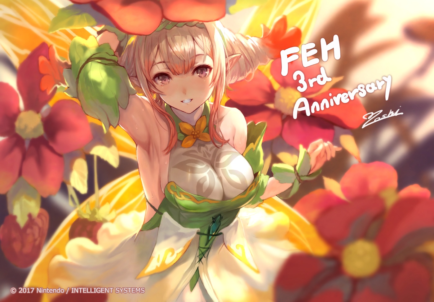 blonde_hair, breasts, dress, fire_emblem, flowers, headband, nintendo, peony_(fire_emblem), pointed_ears, purple_eyes, signed, wristwear, yoshiku_(oden-usagi)