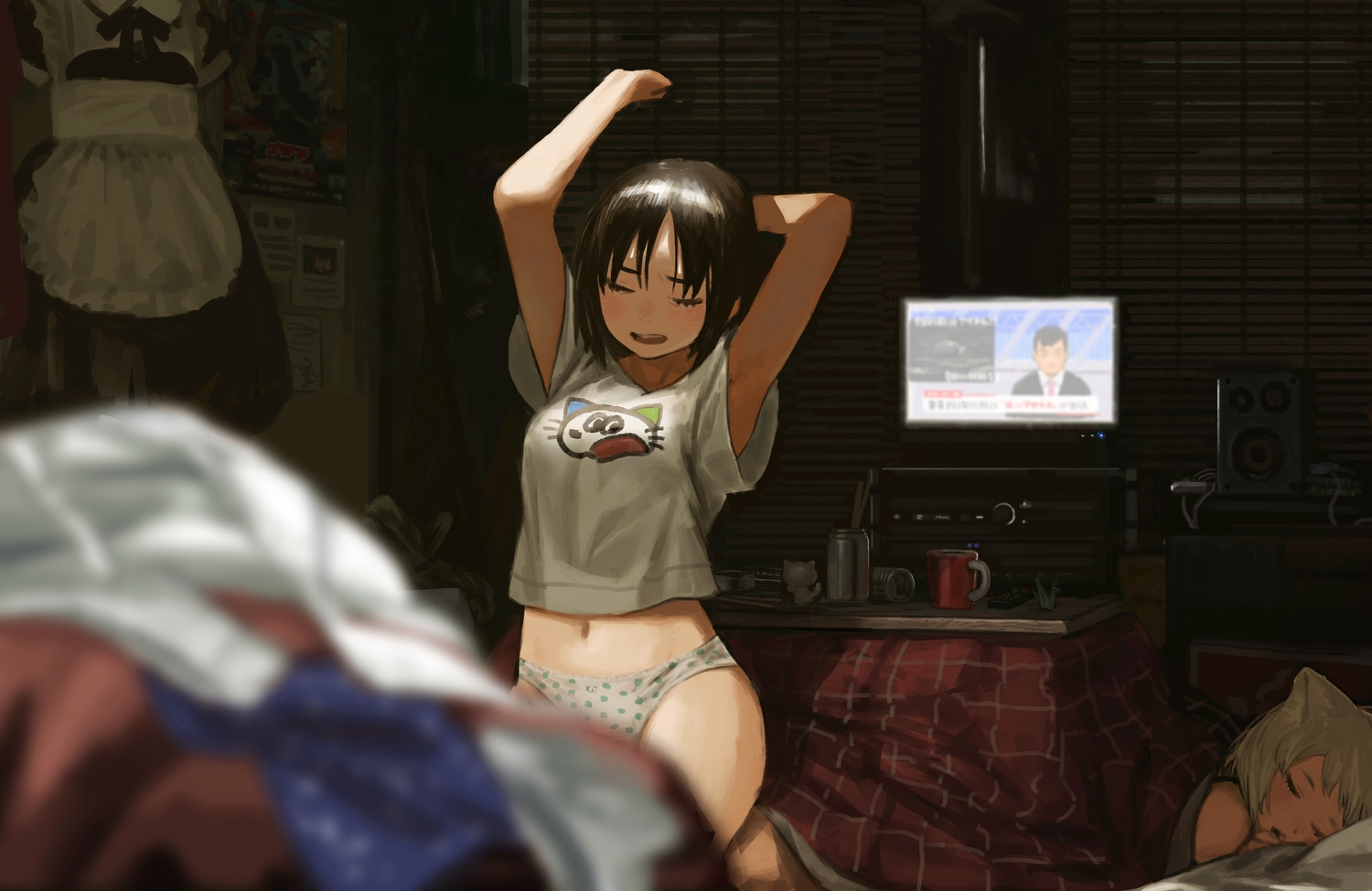2girls, animal_ears, apron, black_hair, dress, drink, gray_hair, kotatsu, original, panties, sara_manta, short_hair, sleeping, underwear, uniform