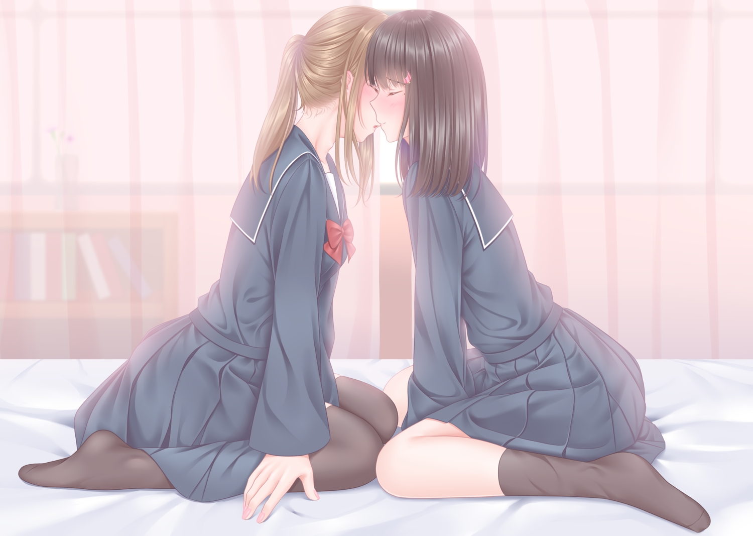 2girls, black_hair, blush, brown_hair, kneehighs, naginagiwaffle, original, ponytail, school_uniform, shoujo_ai, skirt, thighhighs