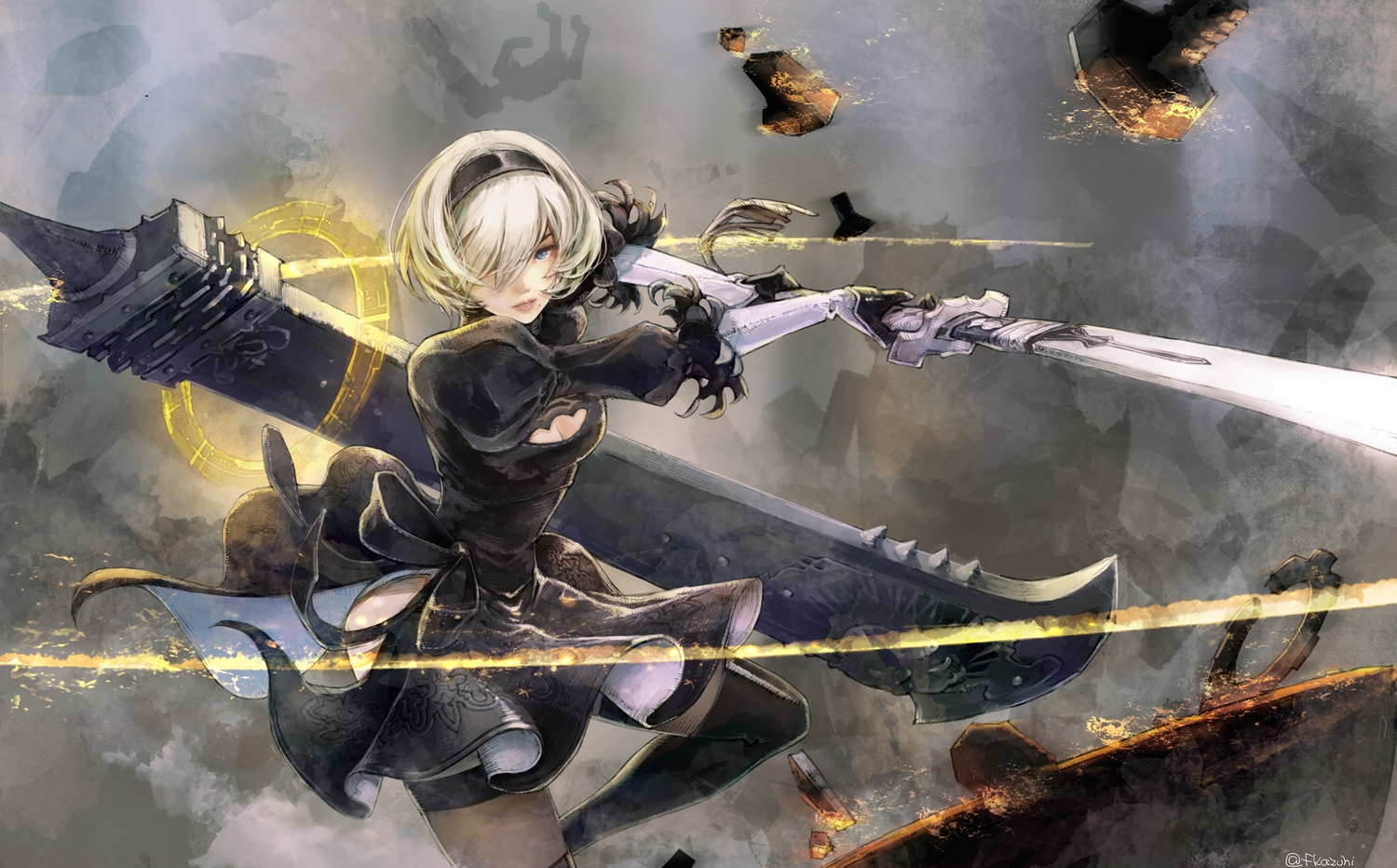 aqua_eyes, breasts, cleavage, dress, elbow_gloves, gloves, kazuhi, nier, nier:_automata, short_hair, sword, thighhighs, weapon, white_hair, yorha_unit_no._2_type_b