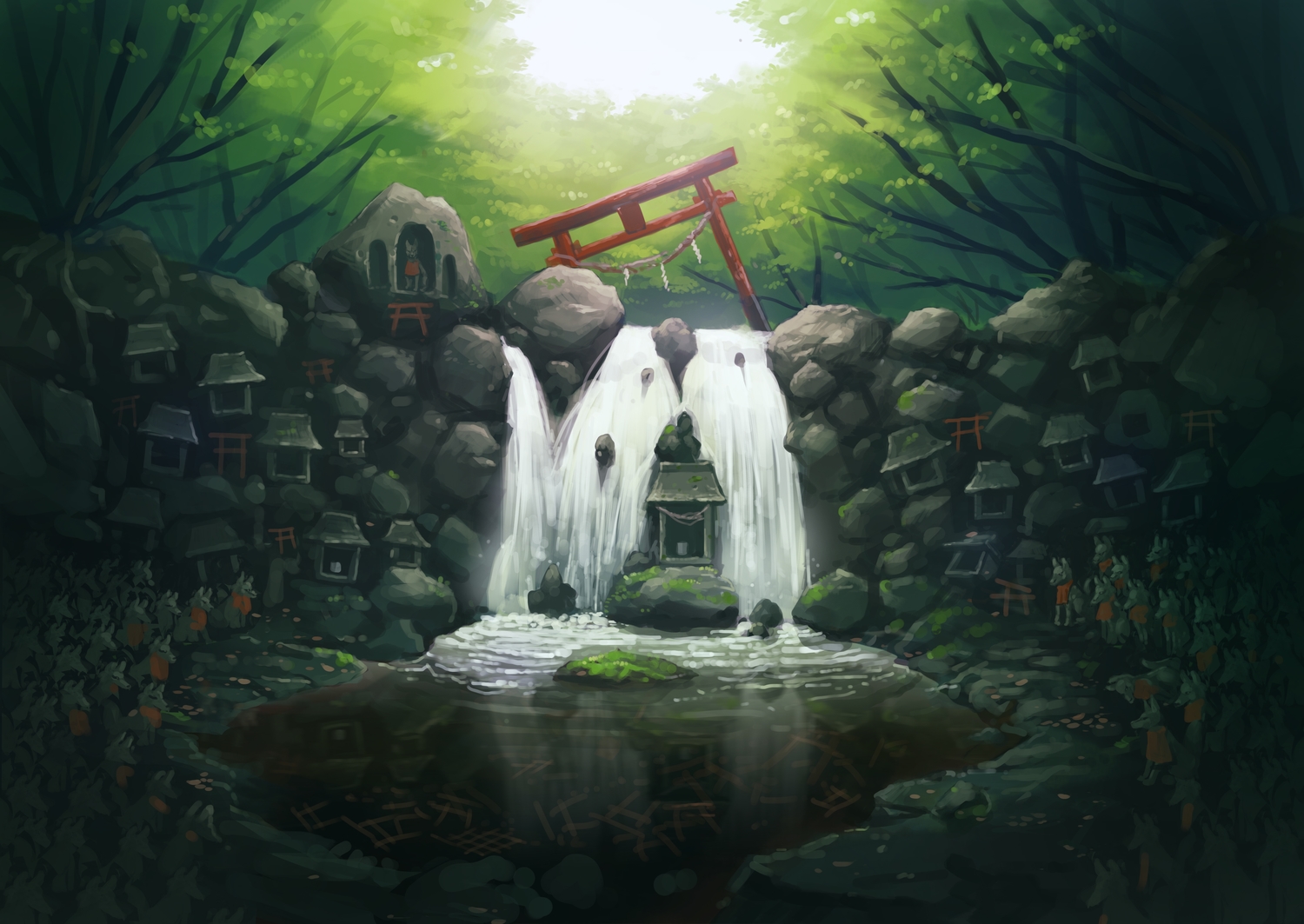 forest, no_humans, original, scenic, shrine, sudzuke, torii, tree