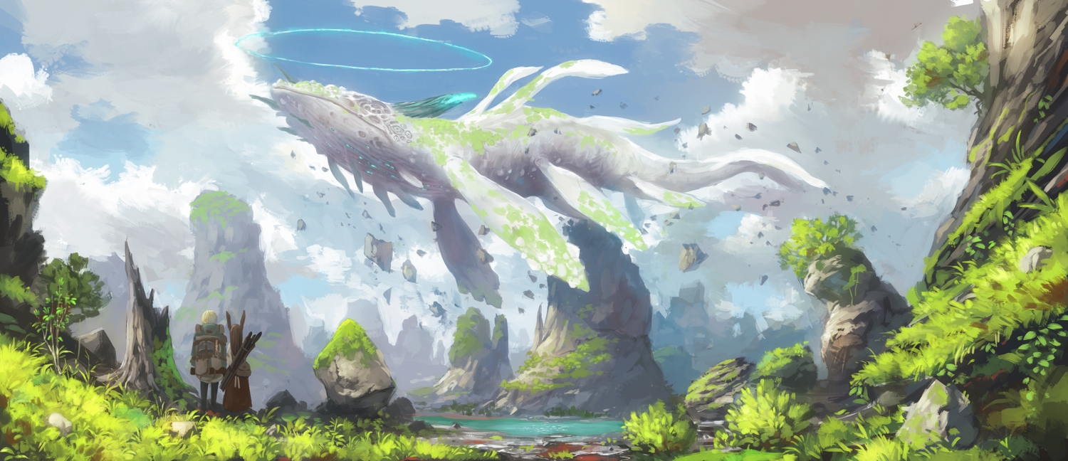 animal, clouds, fish, grass, halo, original, sky, sudzuke