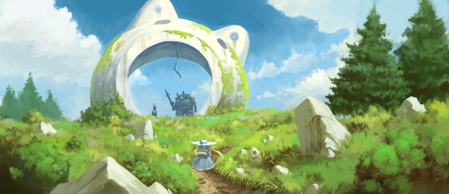 clouds, grass, hat, original, robot, ruins, sky, sudzuke