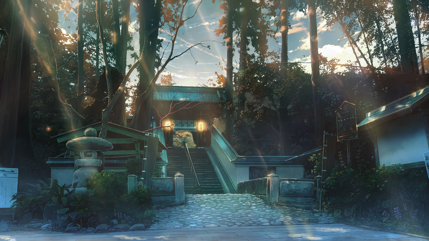 kamo_nasus., no_humans, original, realistic, scenic, shrine, stairs, tree