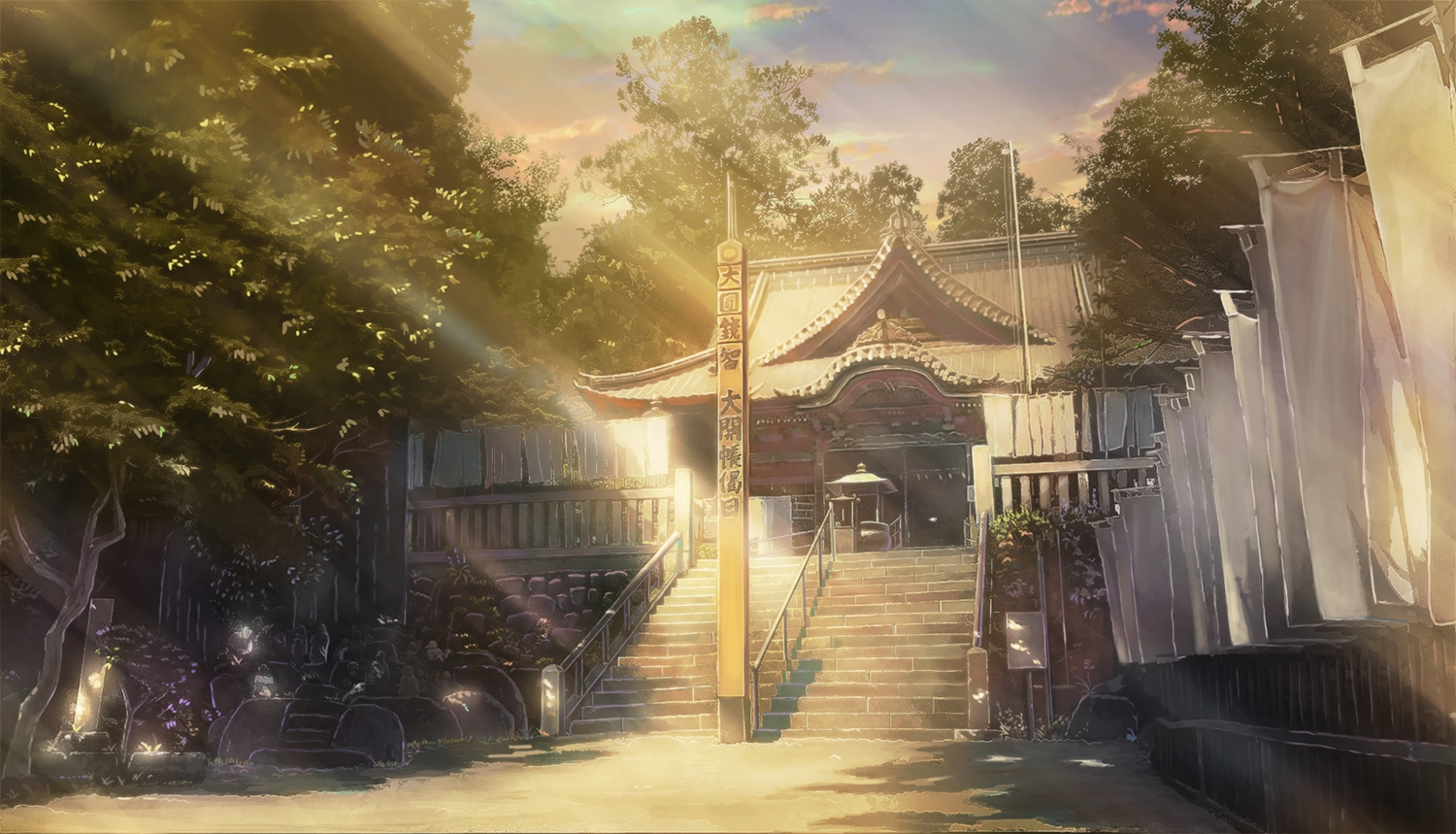 kamo_nasus., no_humans, original, realistic, scenic, shrine, stairs, sunset, tree