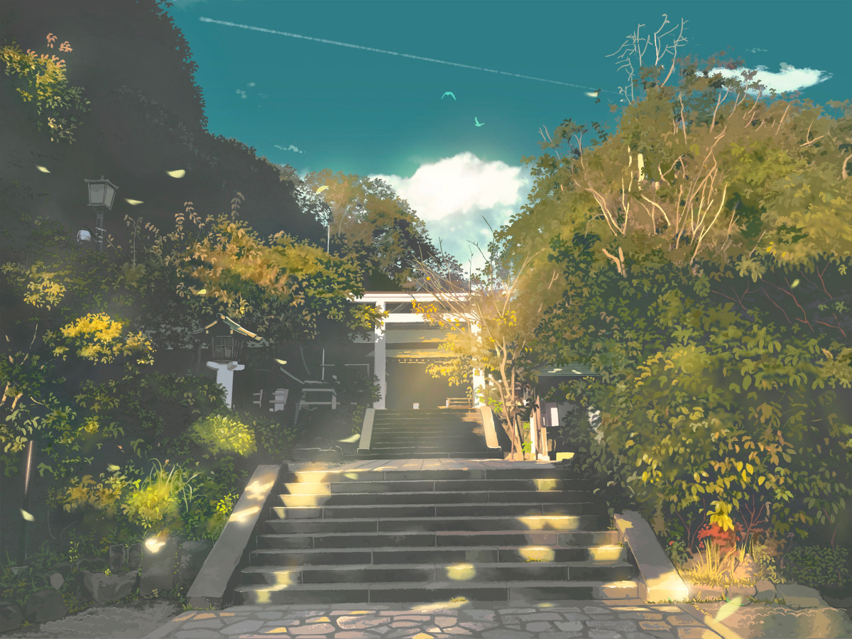 kamo_nasus., leaves, no_humans, original, realistic, scenic, shrine, stairs