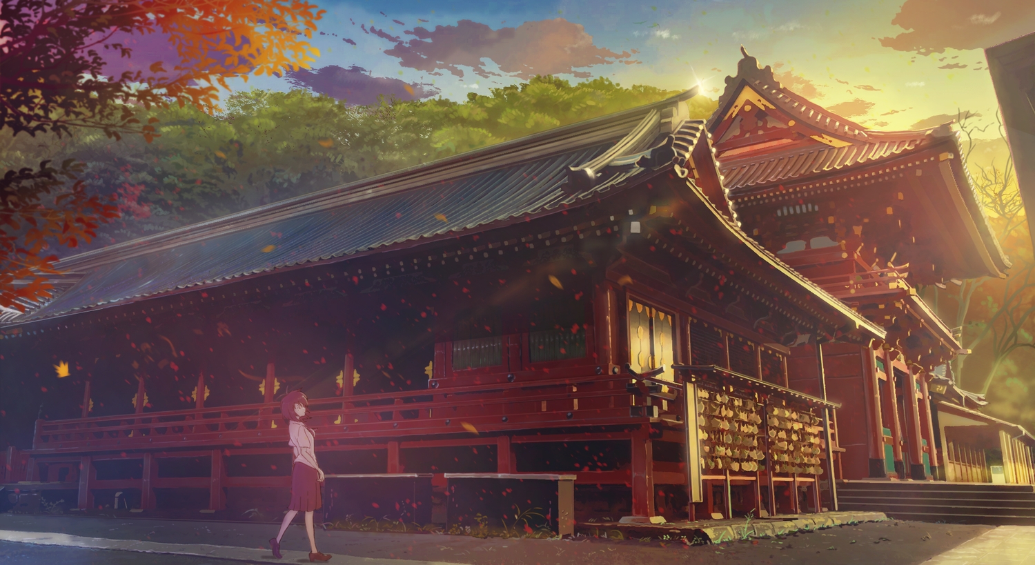 building, kamo_nasus., original, scenic, shrine, sunset