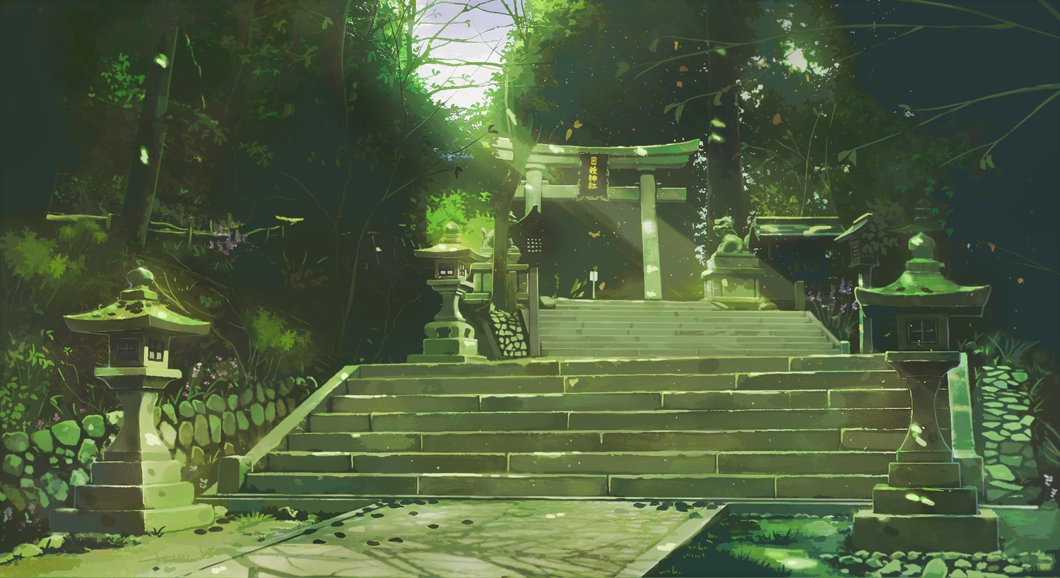 green, kamo_nasus., no_humans, original, realistic, scenic, shrine, stairs, torii