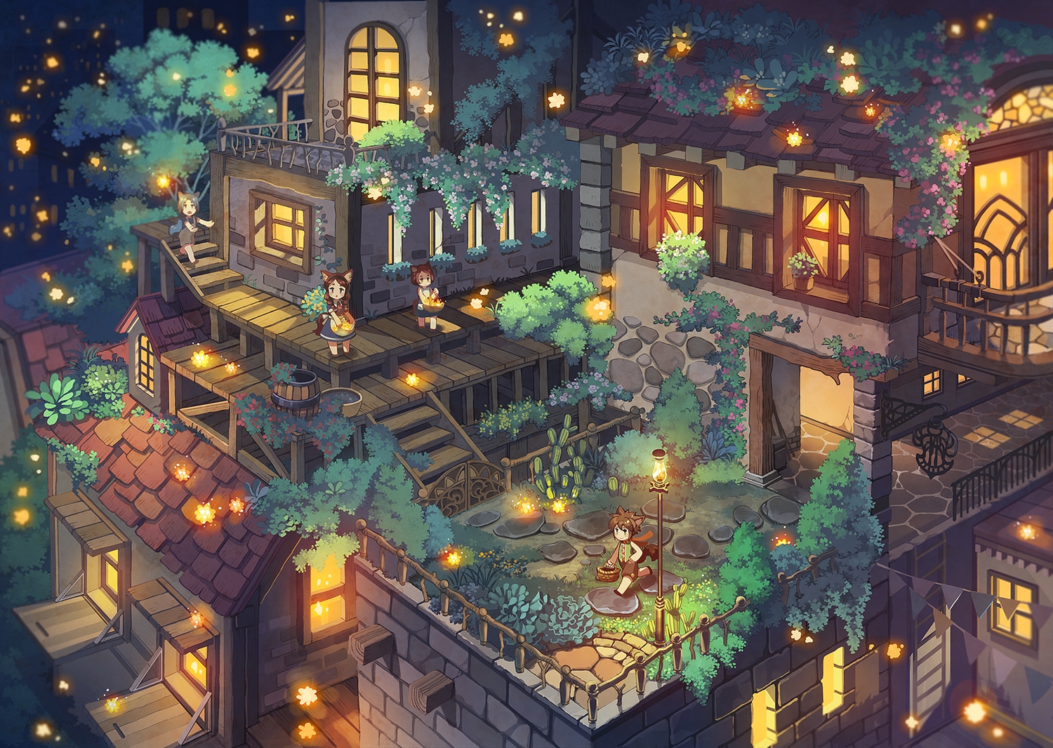 43, animal_ears, building, chibi, flowers, leaves, original, scenic, stairs, tail, tree