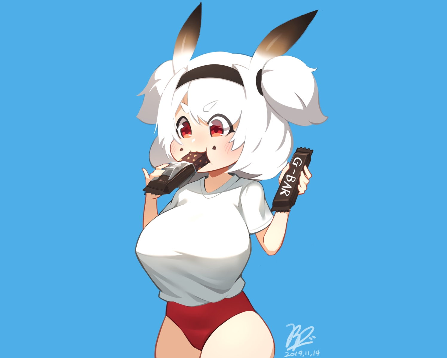 alvis_(last_origin), bloomers, blue, blush, breasts, cat_smile, food, gym_uniform, headband, last_origin, red_eyes, redshark7839, short_hair, signed, white_hair
