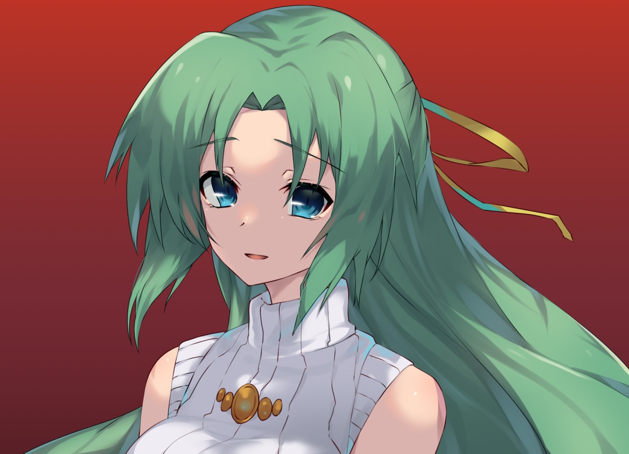 aqua_eyes, close, gradient, green_hair, higurashi_no_naku_koro_ni, long_hair, red, ribbons, sonozaki_shion, yamai_fake