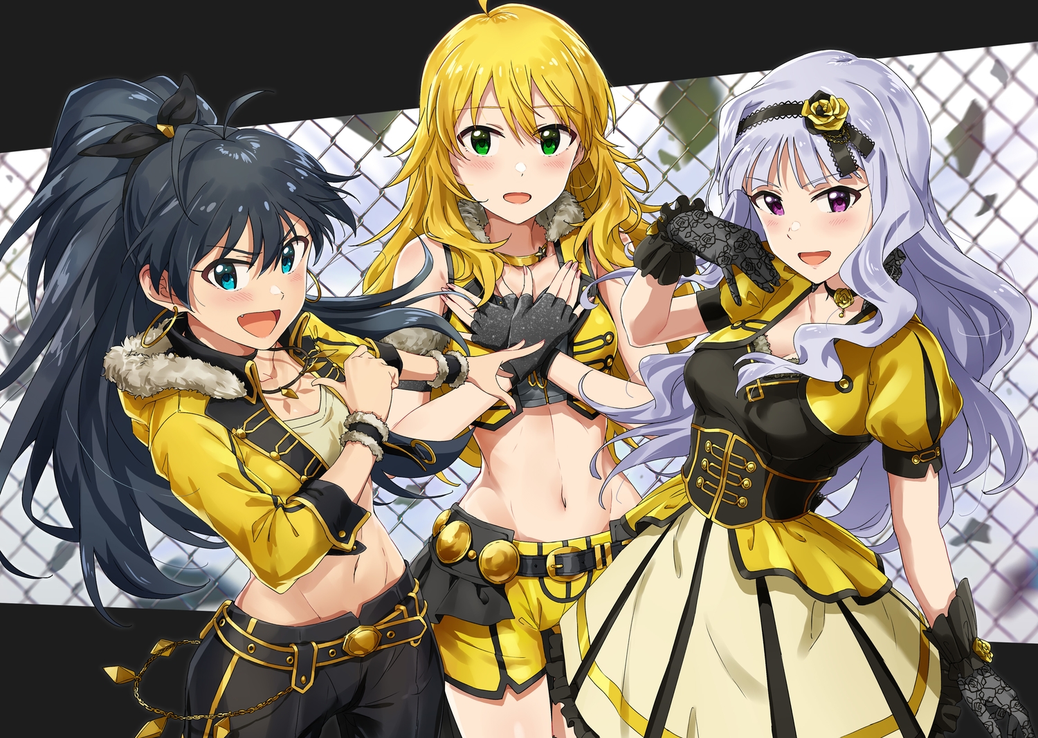 aqua_eyes, ayano_yuu_(sonma_1426), black_hair, blonde_hair, blush, breasts, chain, choker, cleavage, corset, fang, ganaha_hibiki, gloves, gray_hair, green_eyes, headband, hood, hoshii_miki, idolmaster, long_hair, navel, necklace, ponytail, purple_eyes, shijou_takane, shorts, skirt, wristwear