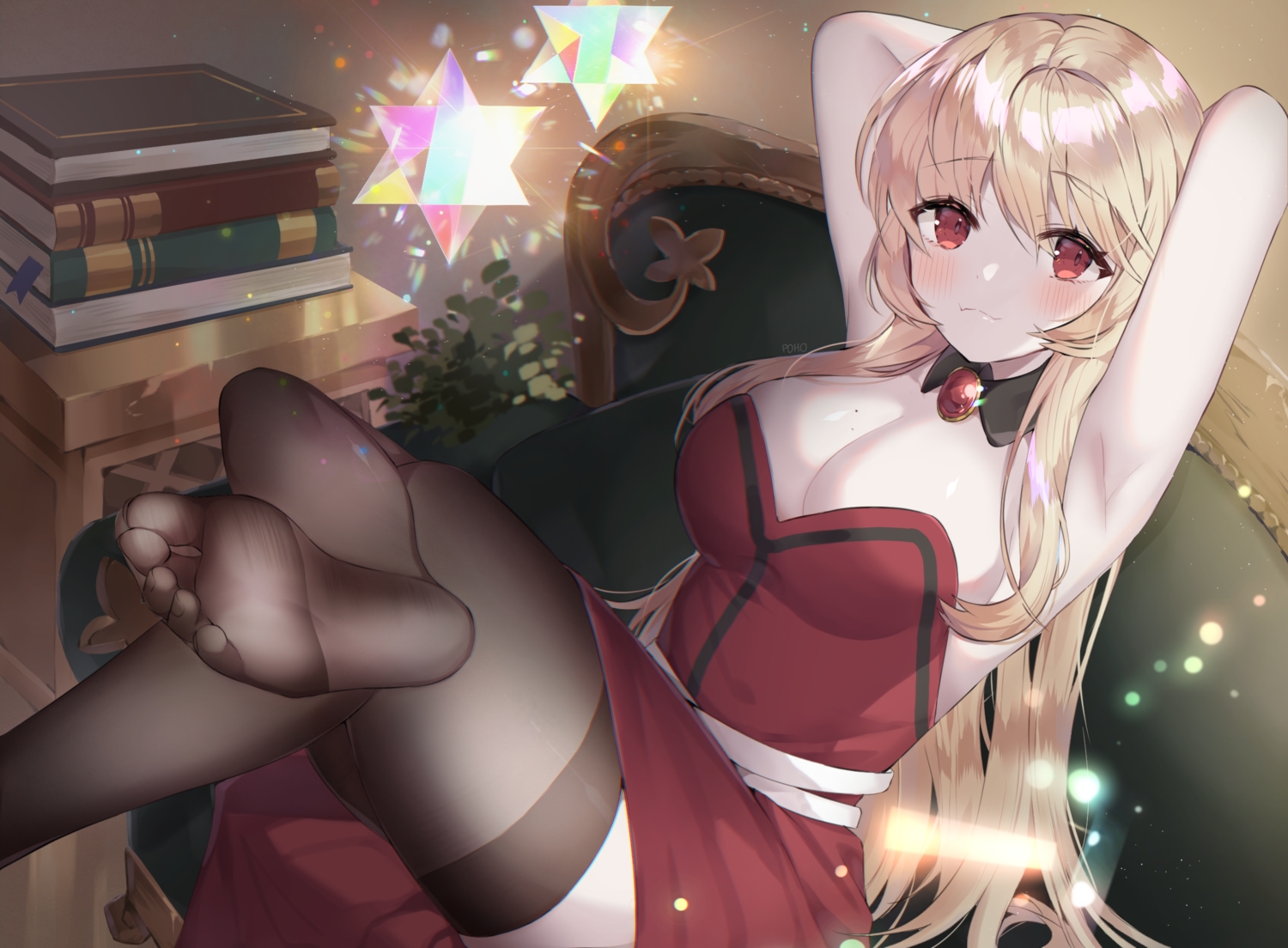 blonde_hair, blush, book, breasts, cleavage, couch, dress, dungeon_and_fighter, fang, long_hair, poho, red_eyes, signed, tagme_(character), thighhighs