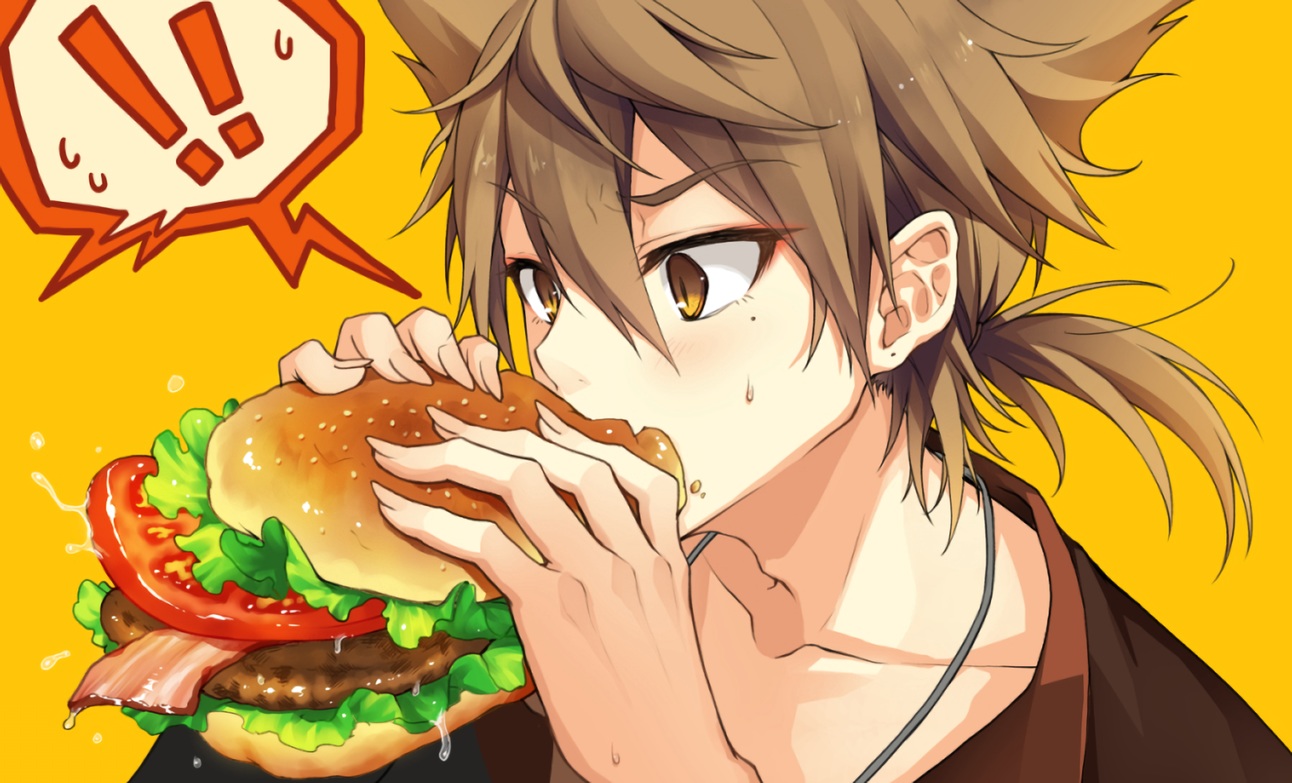 2980, all_male, brown_hair, close, fang, food, fushimi_gaku, male, nijisanji, ponytail, waifu2x, yellow, yellow_eyes