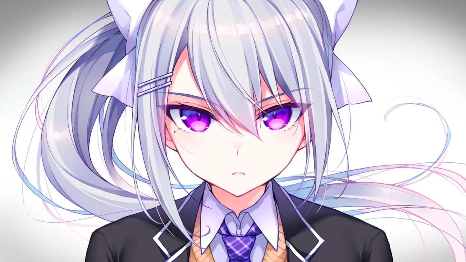 2980, bow, close, gradient, gray_hair, higuchi_kaede, long_hair, nijisanji