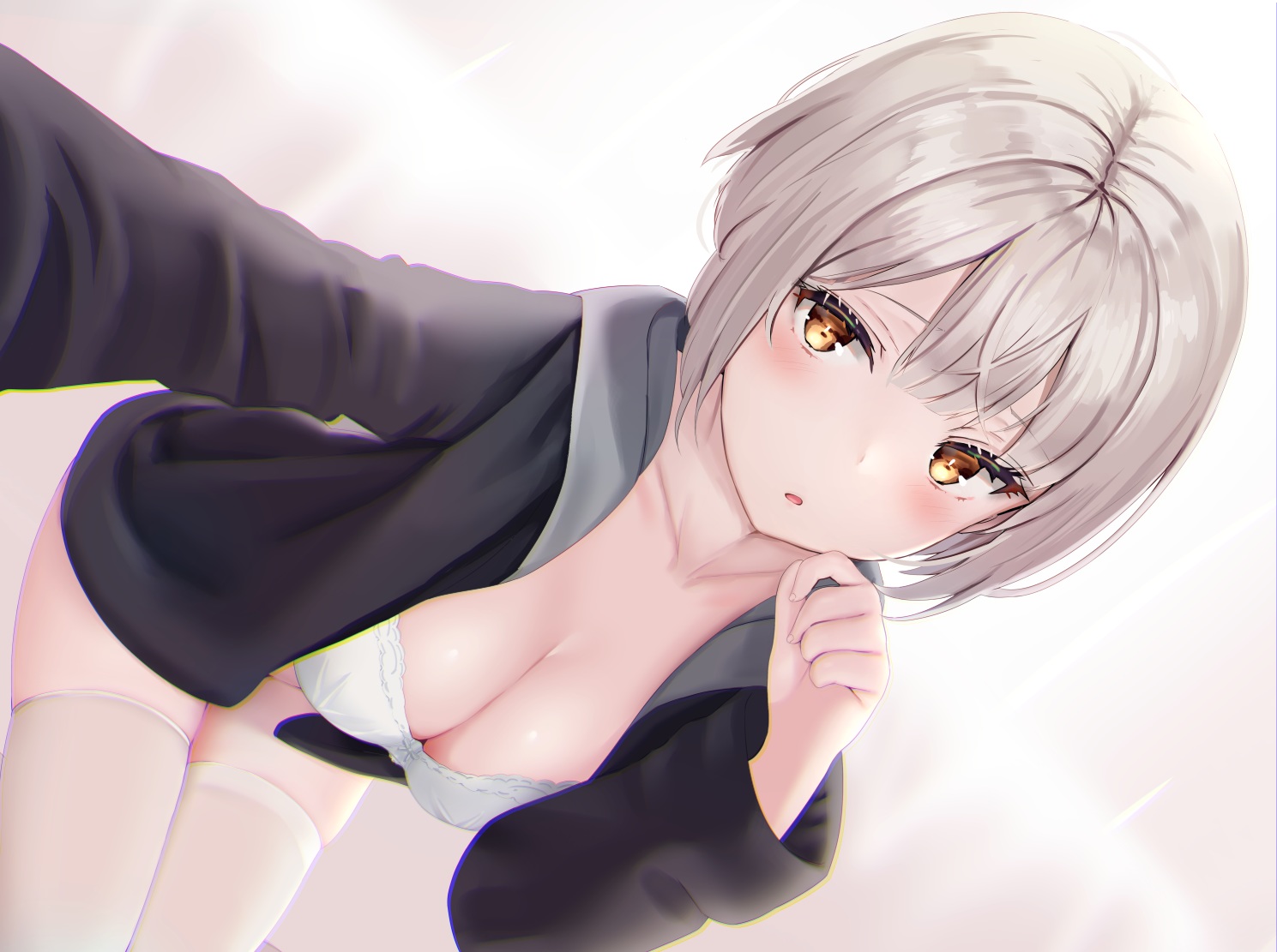 blush, bra, breasts, brown_eyes, cleavage, close, cropped, gray_hair
