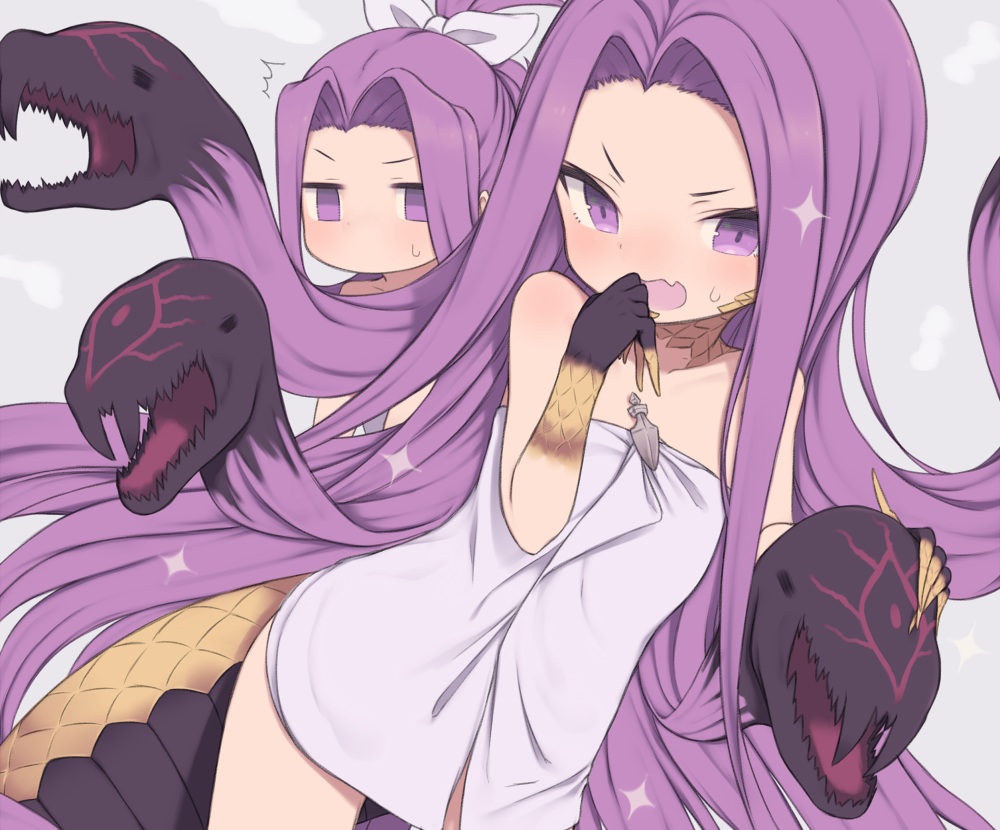 2girls, animal, cropped, fang, fate/grand_order, fate_(series), gamuo, gorgon_(fate), loli, long_hair, medusa_(lancer)_(fate), ponytail, purple_eyes, purple_hair, rider, short_hair, snake, tail, towel
