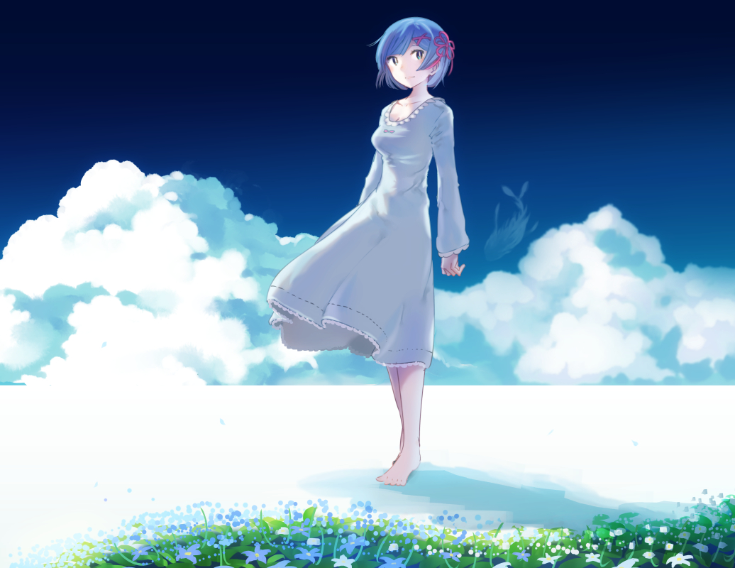 clouds, dress, flowers, inaeda_kei, rem_(re:zero), re:zero_kara_hajimeru_isekai_seikatsu, sky