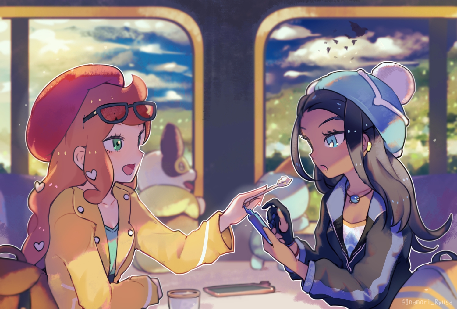2girls, chewtle, food, hat, inaeda_kei, phone, pokemon, rurina_(pokemon), sonia_(pokemon), watermark, yamper