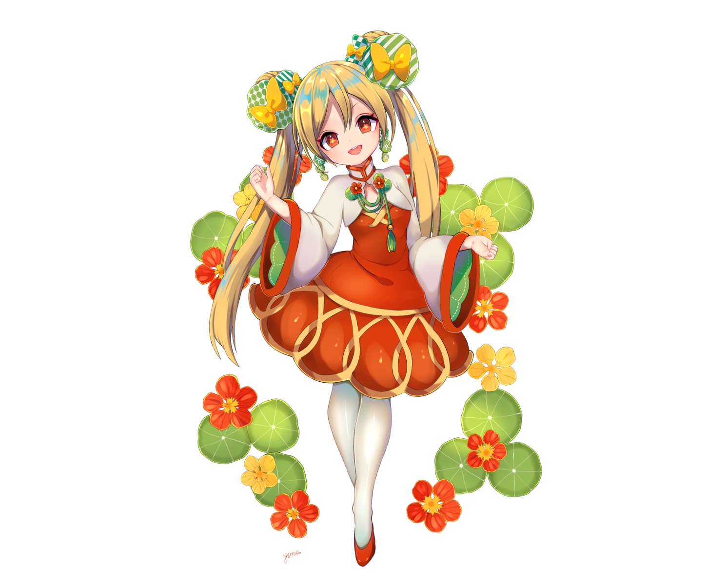 blonde_hair, bow, chinese_clothes, chinese_dress, dress, flowers, loli, long_hair, original, pantyhose, red_eyes, signed, twintails, white, yuma_(pixiv38148735)