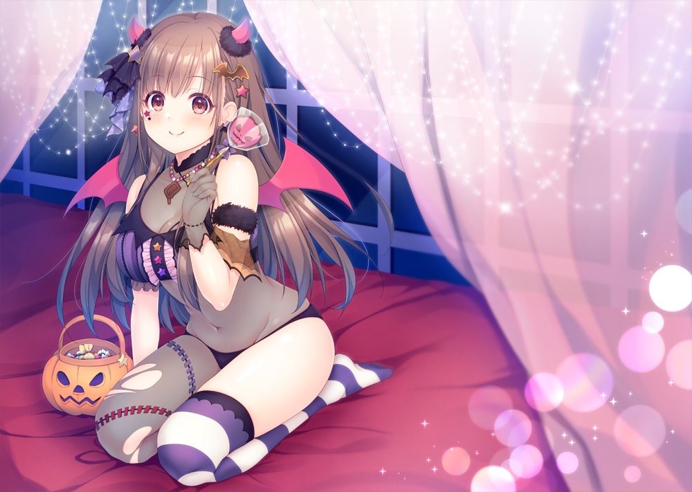 aliasing, breasts, brown_eyes, brown_hair, cleavage, gloves, halloween, horns