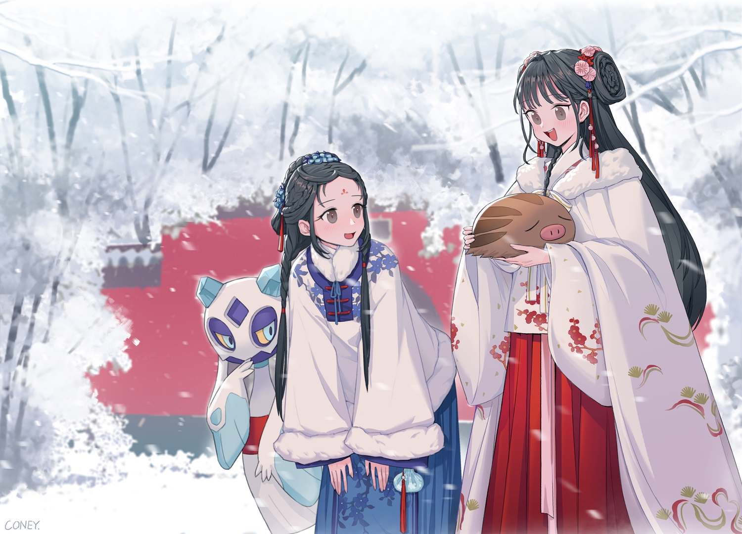 black_hair, braids, brown_eyes, coney, froslass, japanese_clothes, long_hair, miko