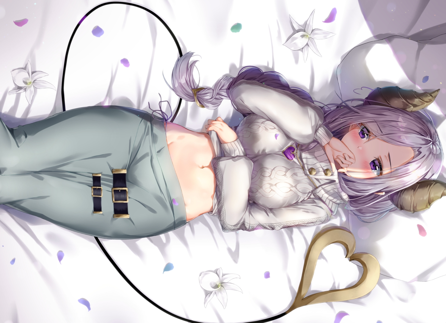 bed, blush, demon, flowers, honey_strap, horns, kuria_(clear_trip_second), purple_hair, saionji_mary, tail