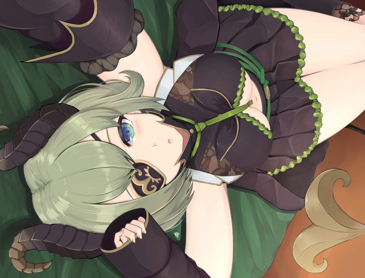 774_inc., bed, blush, boots, breasts, demon, eyepatch, green