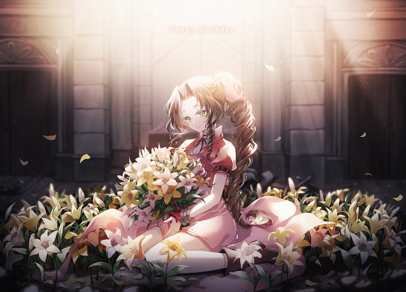 aerith_gainsborough, boots, braids, brown_hair, cpkon, cropped, dress, final_fantasy