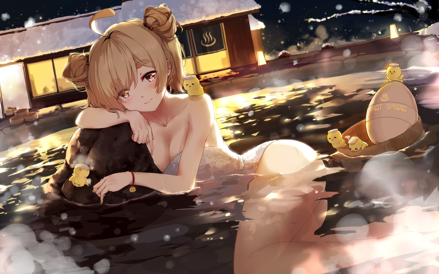 animal, asahi_kuroi, ass, bird, blush, breasts, brown_eyes, brown_hair, building, nude, onsen, original, towel, water, winter