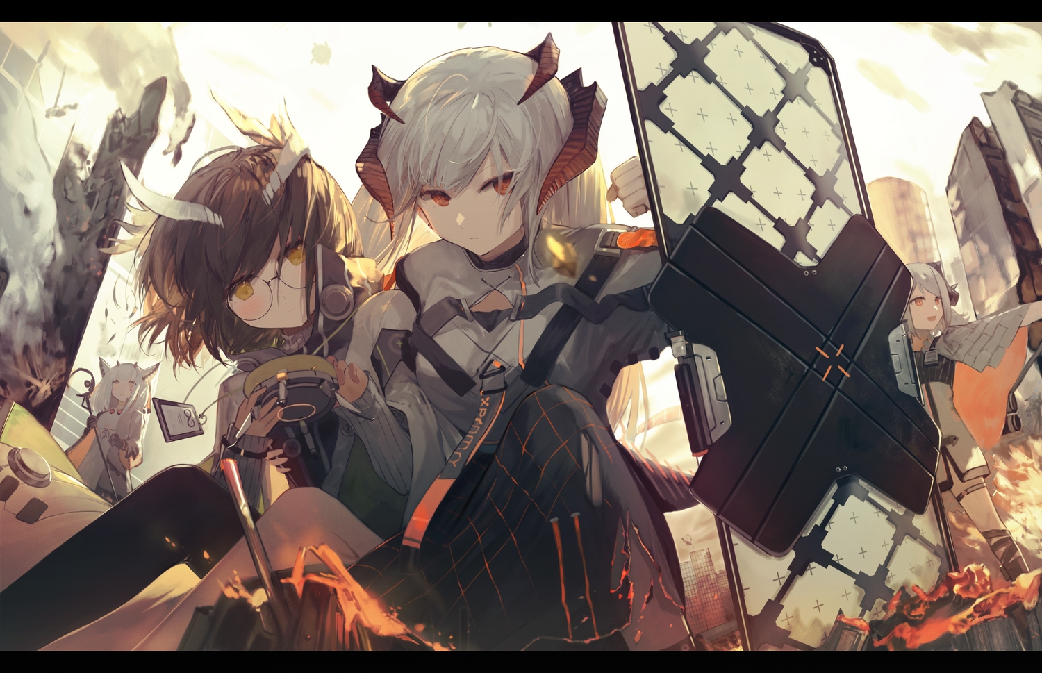arknights, glasses, horns, ifrit_(arknights), long_hair, muike, ptilopsis_(arknights), saria_(arknights)