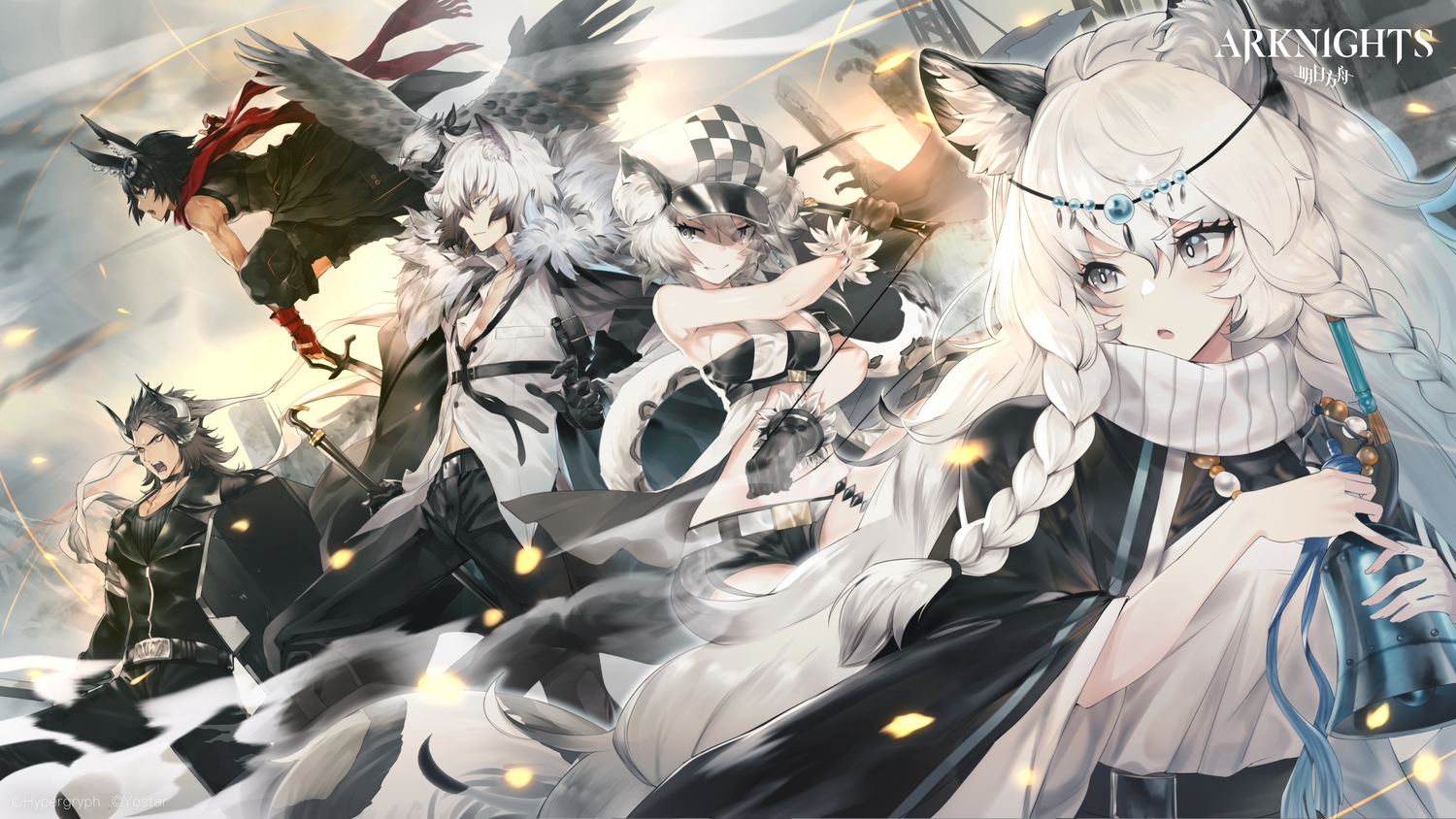 animal, animal_ears, arknights, bird, black_hair, blue_eyes, breasts, catboy