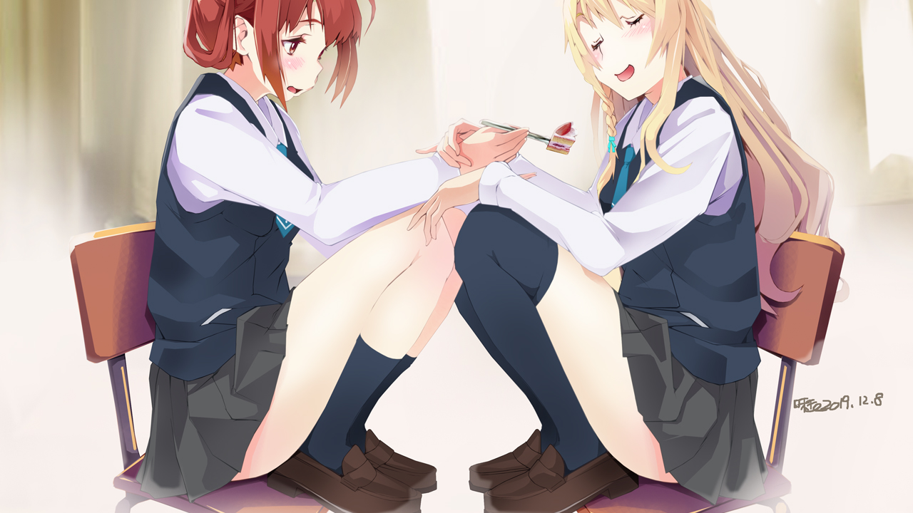 2girls, azitama_atsushi_(attyuu), cake, food, kakuchou_shoujo-kei_trinary, ose_tsubame, school_uniform, shoujo_ai, thighhighs, uzuki_kagura