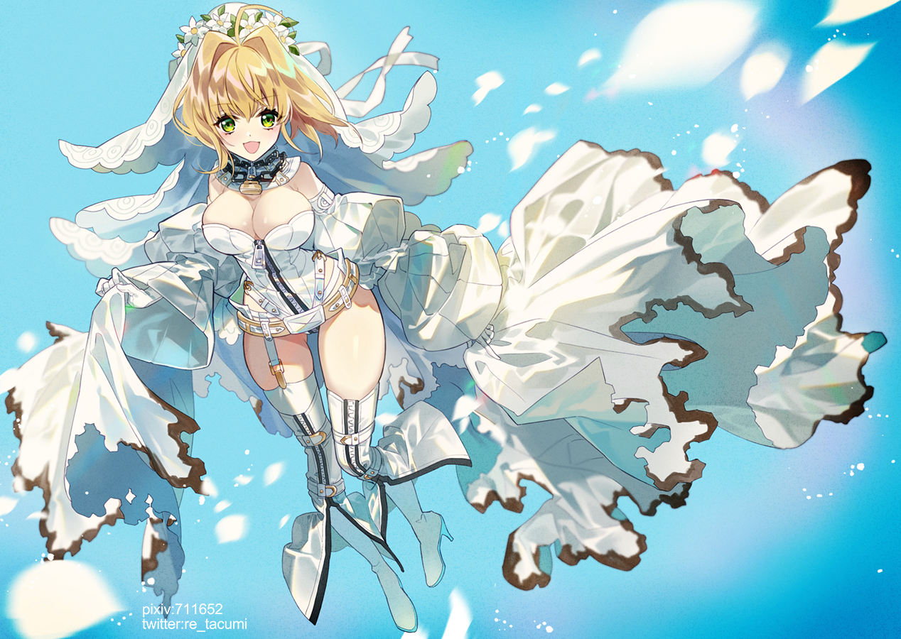 blonde_hair, boots, breasts, cleavage, cyan, fate/grand_order, fate_(series), gradient