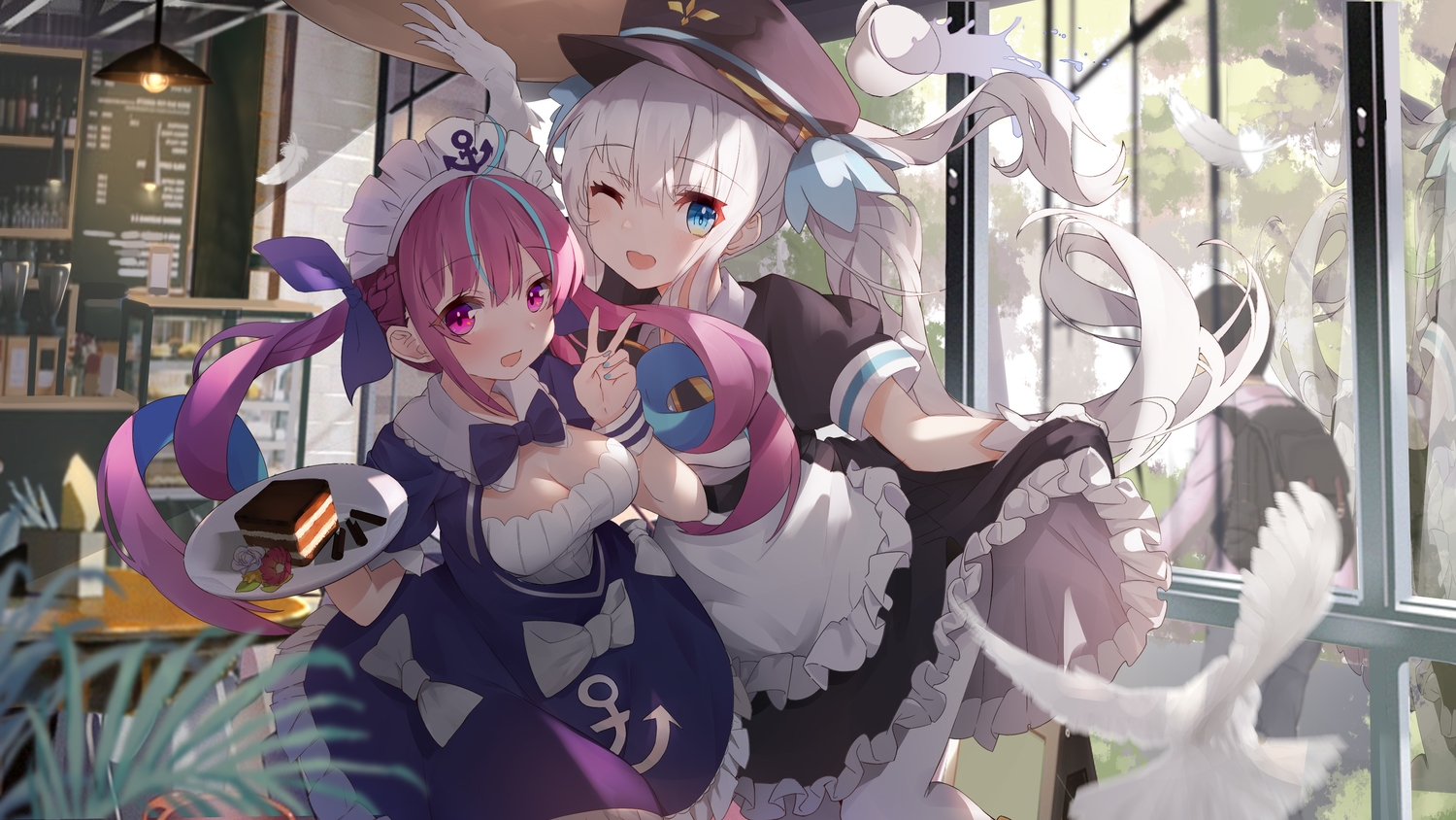 2girls, animal, bird, breasts, cake, cleavage, crossover, food