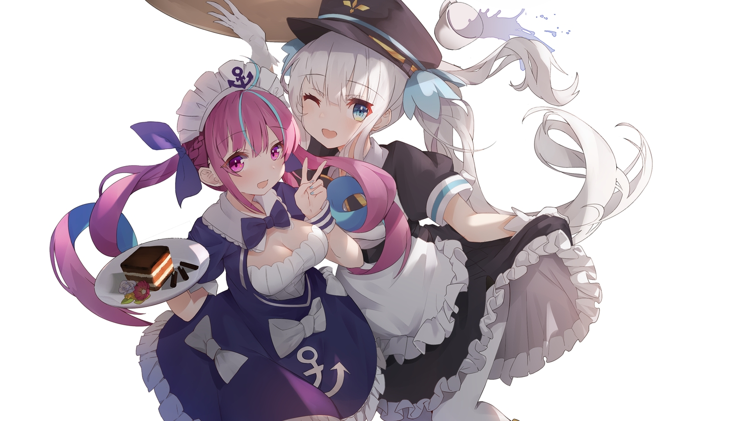 2girls, breasts, cake, cleavage, crossover, food, hololive, kagura_gumi