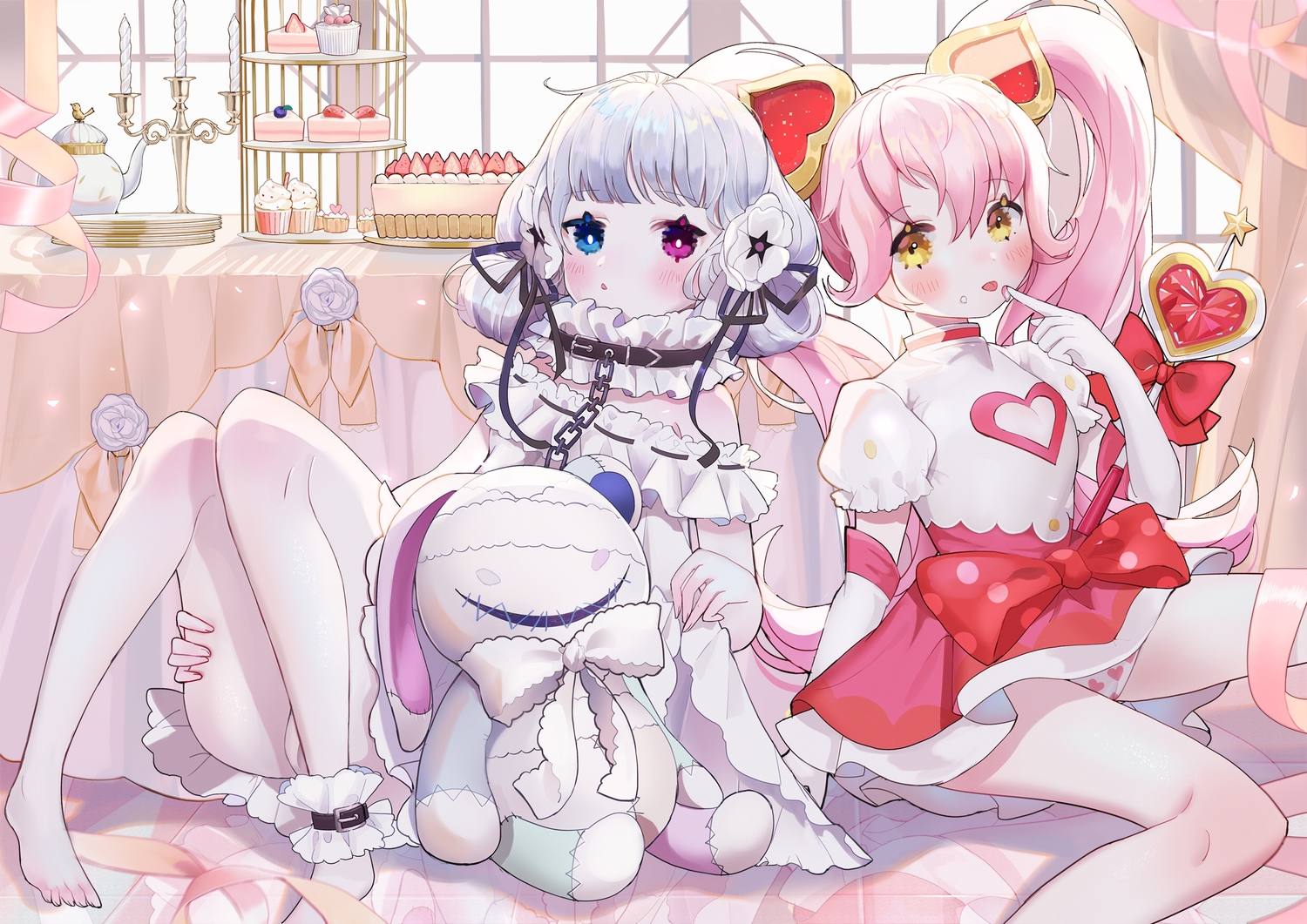 2girls, cake, compass, coquelicot_blanche, food, meowlian, ririka_(#compass)