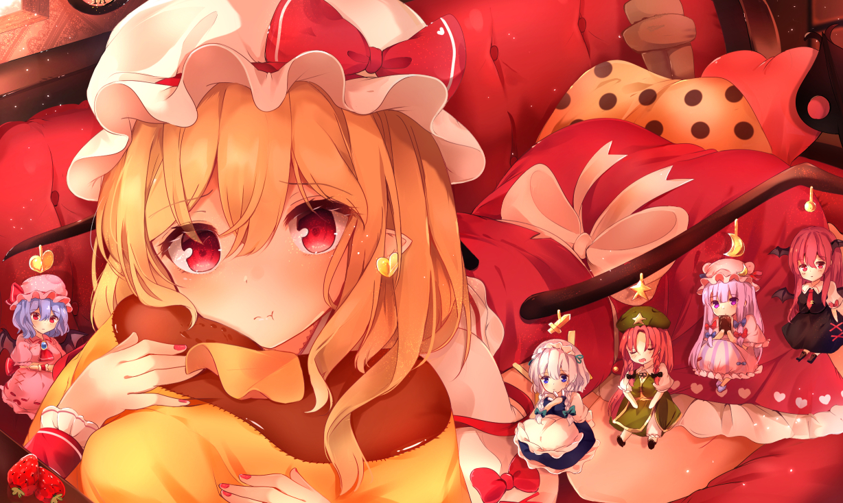 blonde_hair, chibi, demon, flandre_scarlet, hat, hong_meiling, hunya, izayoi_sakuya