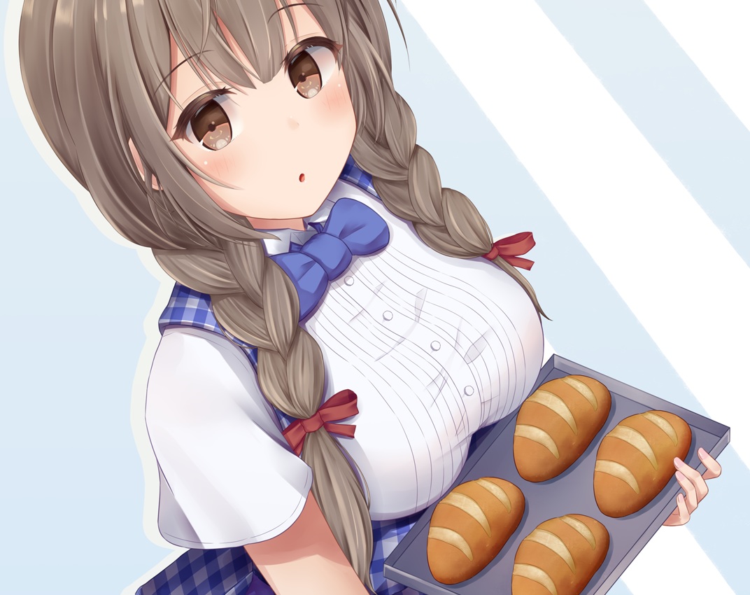 anthropomorphism, blush, bow, braids, breasts, brown_eyes, brown_hair, close, cropped, food, kantai_collection, long_hair, minakami_mimimi, shinshuu_maru_(kancolle), tie, twintails, uniform, waitress