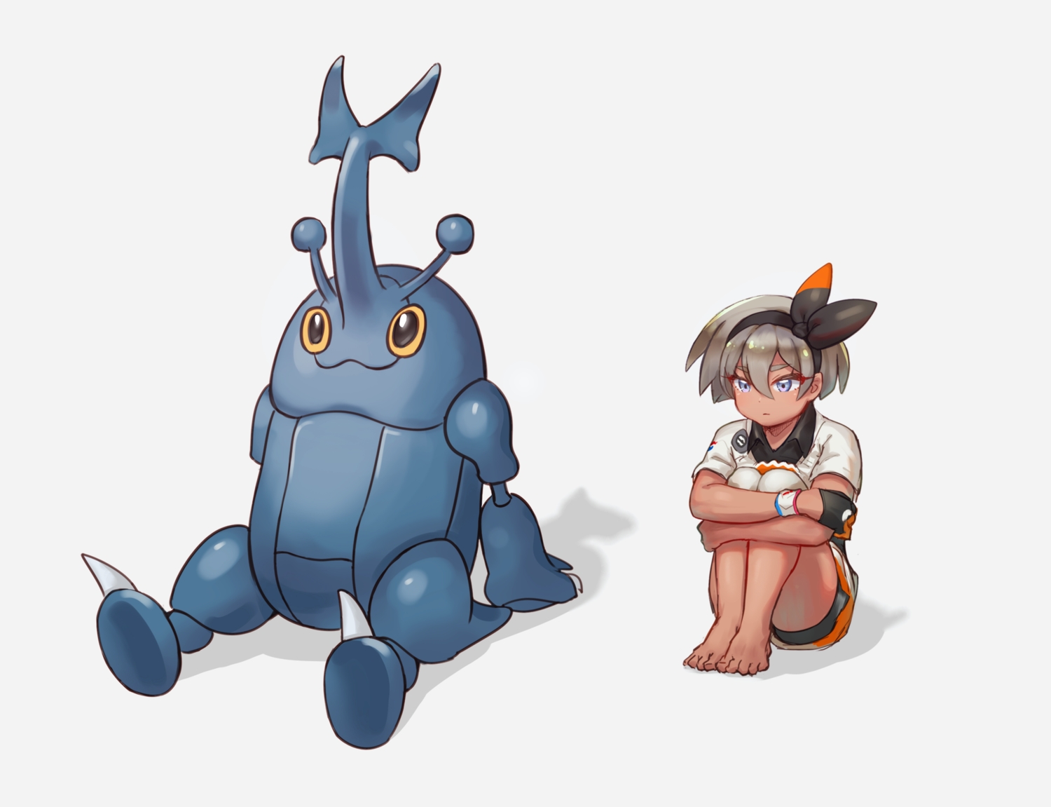 barefoot, bike_shorts, blue_eyes, dark_skin, gloves, gray_hair, headband, heracross