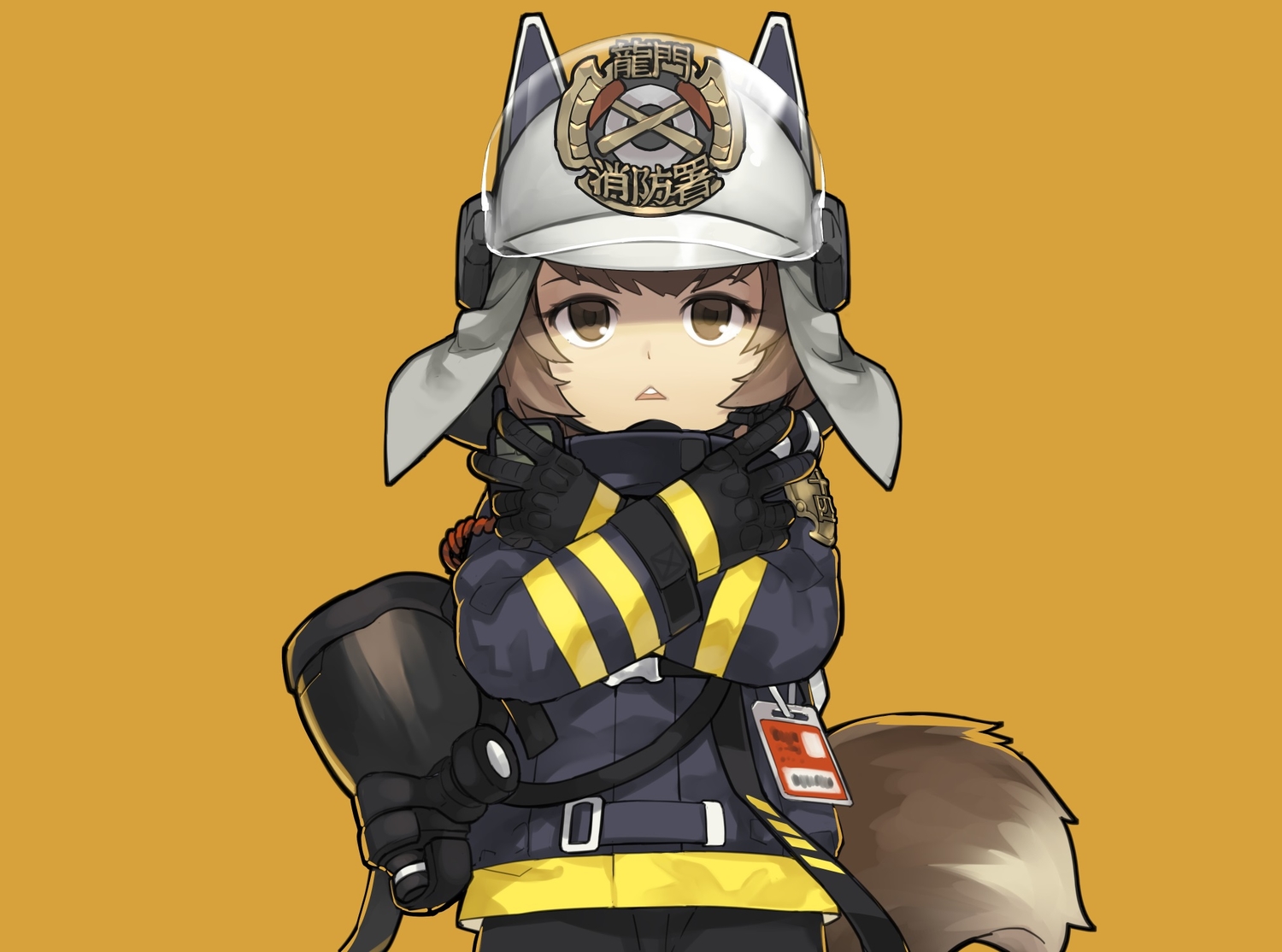 aoi_tsunami, arknights, brown_eyes, brown_hair, gloves, loli, orange, shaw_(arknights)
