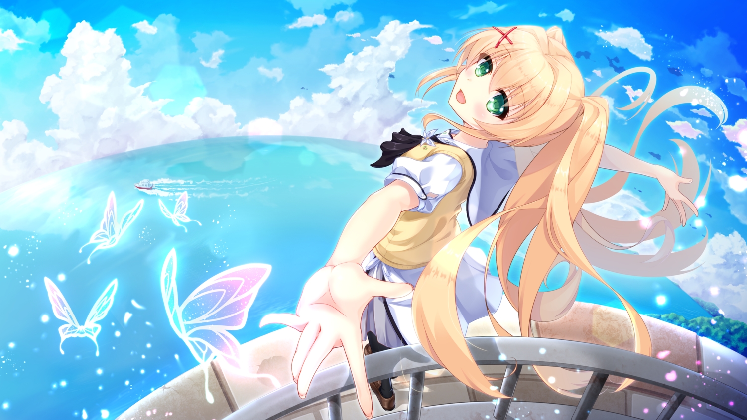 aliasing, blonde_hair, blush, butterfly, clouds, green_eyes, long_hair, skirt, sky, summer_pockets, tagme_(artist), tsumugi_wenders, twintails, water