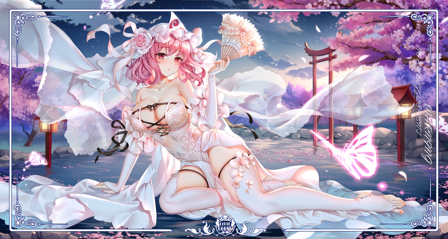 blush, breasts, butterfly, cleavage, clouds, dress, fan, flowers, hat, headdress, night, pink_hair, red_eyes, saigyouji_yuyuko, sky, stars, thighhighs, torii, touhou, tree, water, wedding_attire, yue_xiao_e