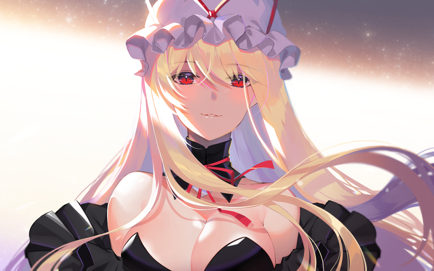 blonde_hair, blush, breasts, cleavage, close, hat, long_hair, red_eyes
