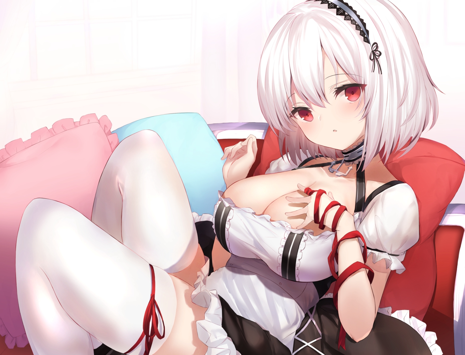 anthropomorphism, apron, azur_lane, breasts, cleavage, maid, maosame, red_eyes