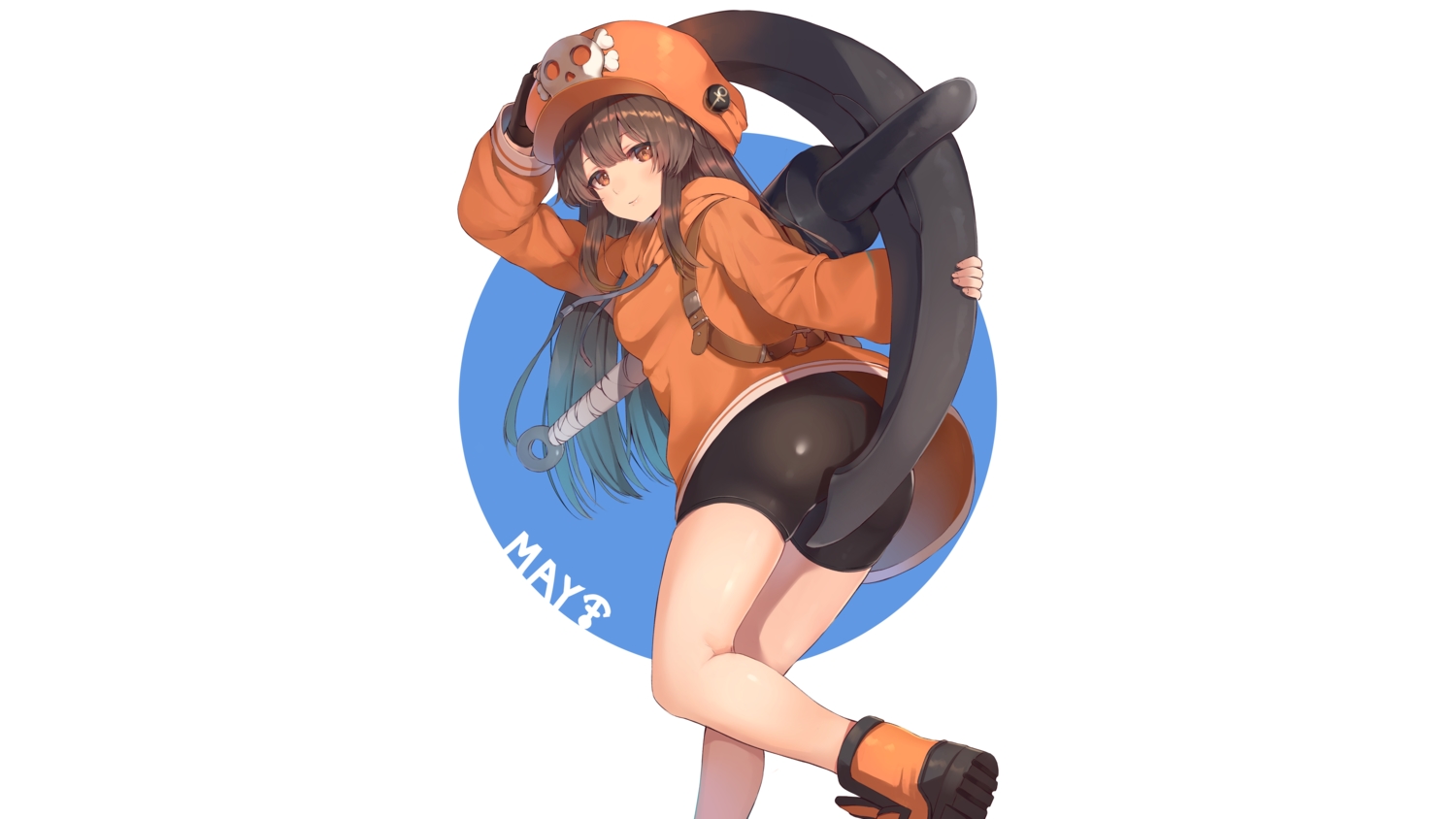 bike_shorts, boots, brown_hair, gloves, guilty_gear, hat, hood, long_hair