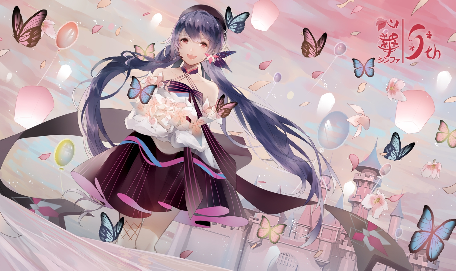 aliasing, building, butterfly, dress, flowers, hat, long_hair, purple_hair