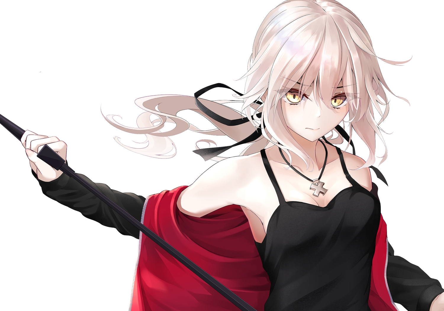 aliasing, artoria_pendragon_(all), close, fate/grand_order, fate_(series), long_hair, necklace, oriuo_q, ponytail, saber, saber_alter, weapon, white, white_hair, yellow_eyes