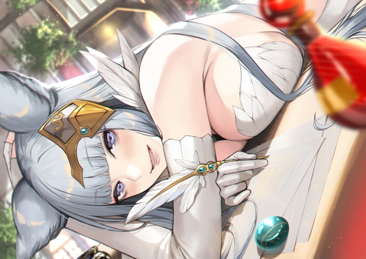 animal_ears, book, breasts, close, deras, elbow_gloves, feathers, gloves
